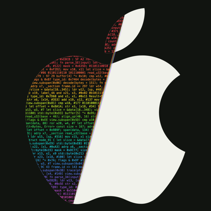 An apple split between rainbow code and a solid white half